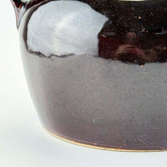 Vintage BROWN GLAZED BEAN POT WITH LID HANDLES USA Primitive Farmhouse Decor - Picture 4 of 16